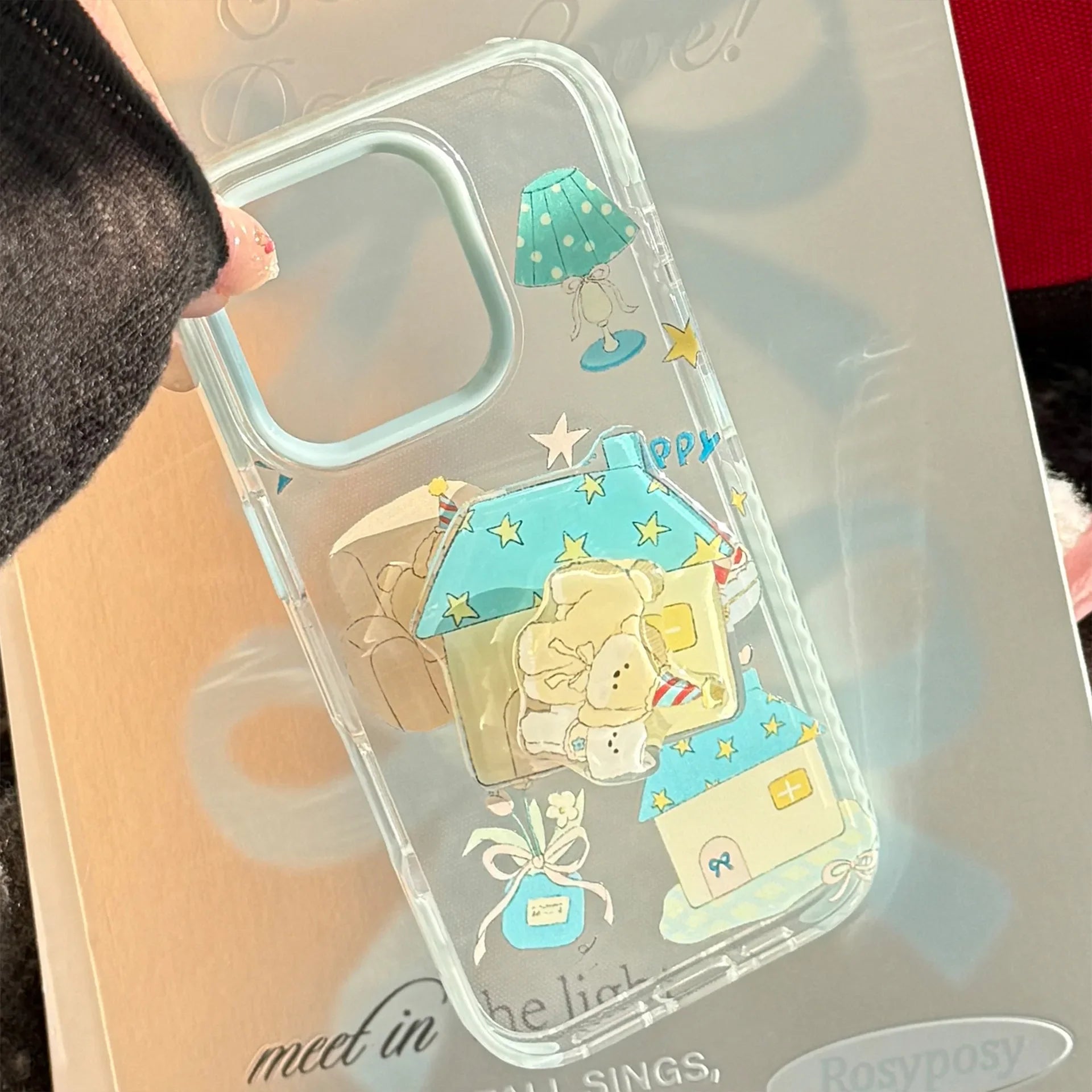 Korean Cute Cartoon Graffiti House Puppy Rotate Bracket Soft Phone Case For iPhone