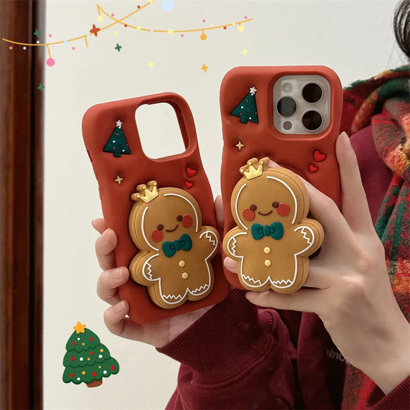 Cute Cartoon Christmas Gingerbread Silicone Telescopic Bracket Phone Case For iPhone