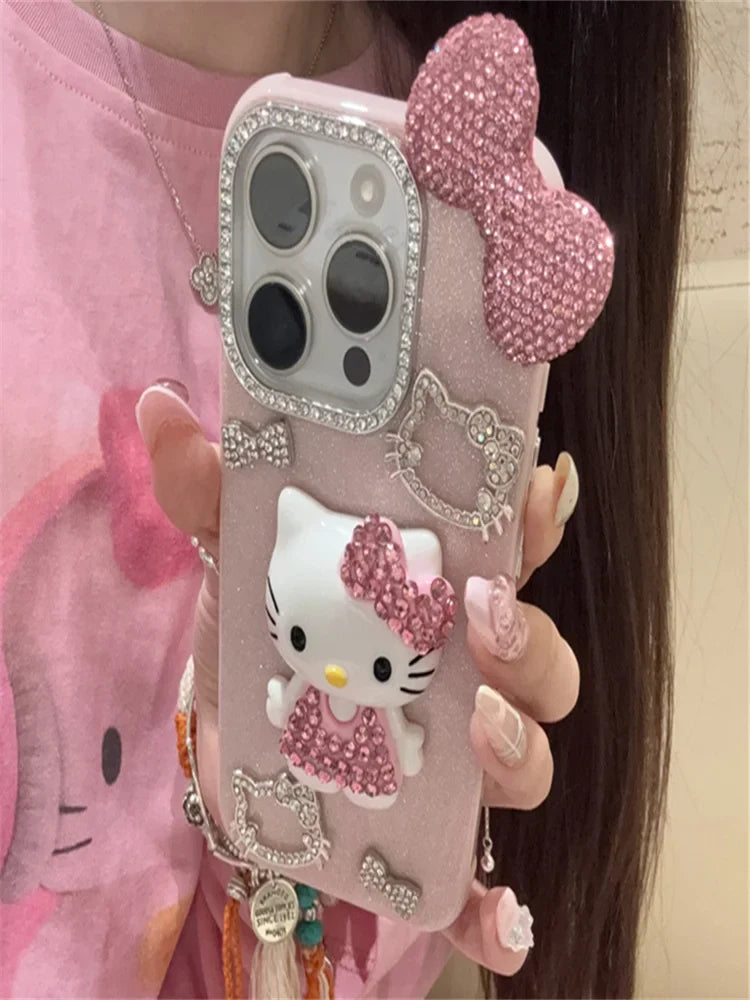 Premium Cute Hello Kittys Full Rhinestones Bow Tie Phone Case For iPhone