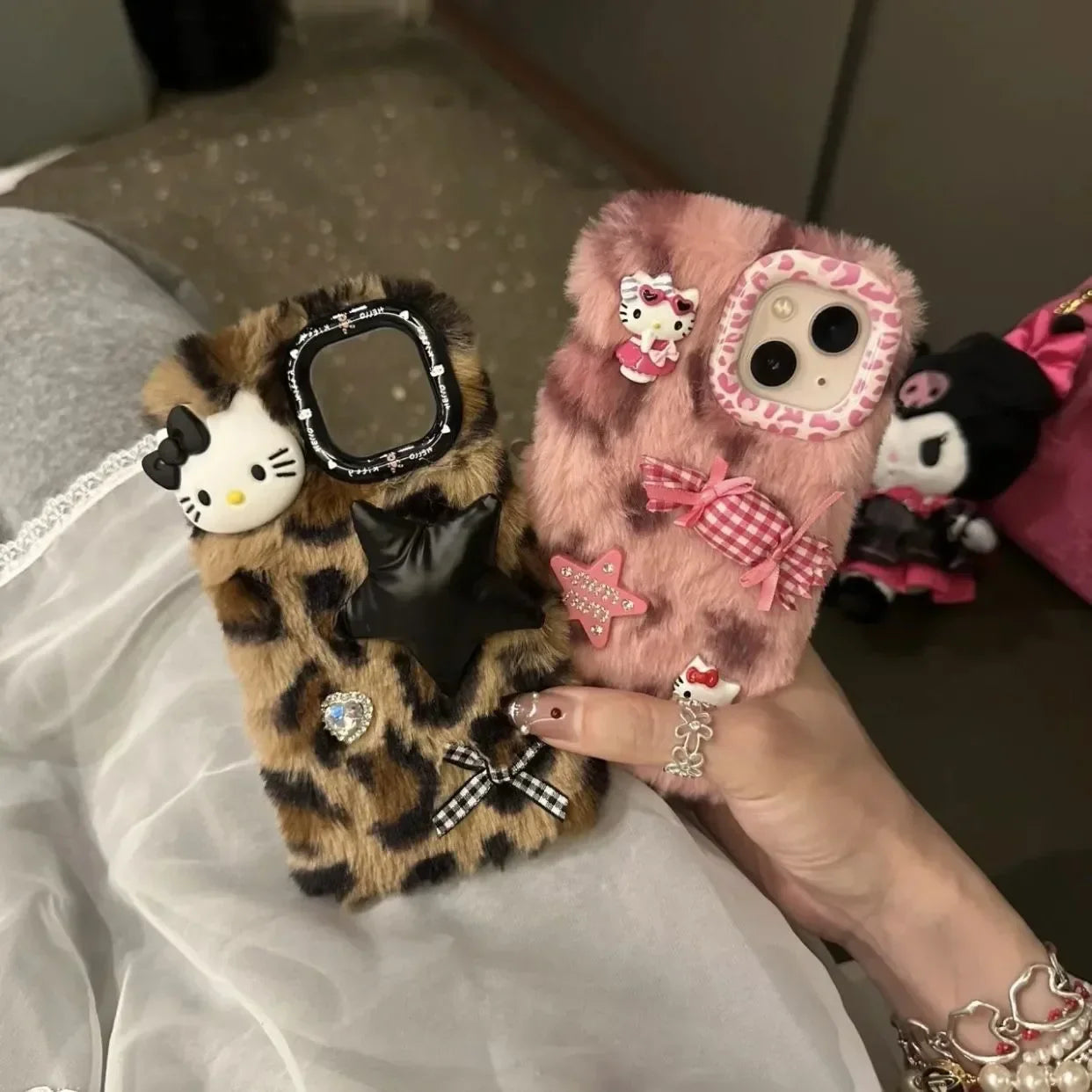 Plush Sanrio Leopard Print Hello Kitty Phone Case For iPhone