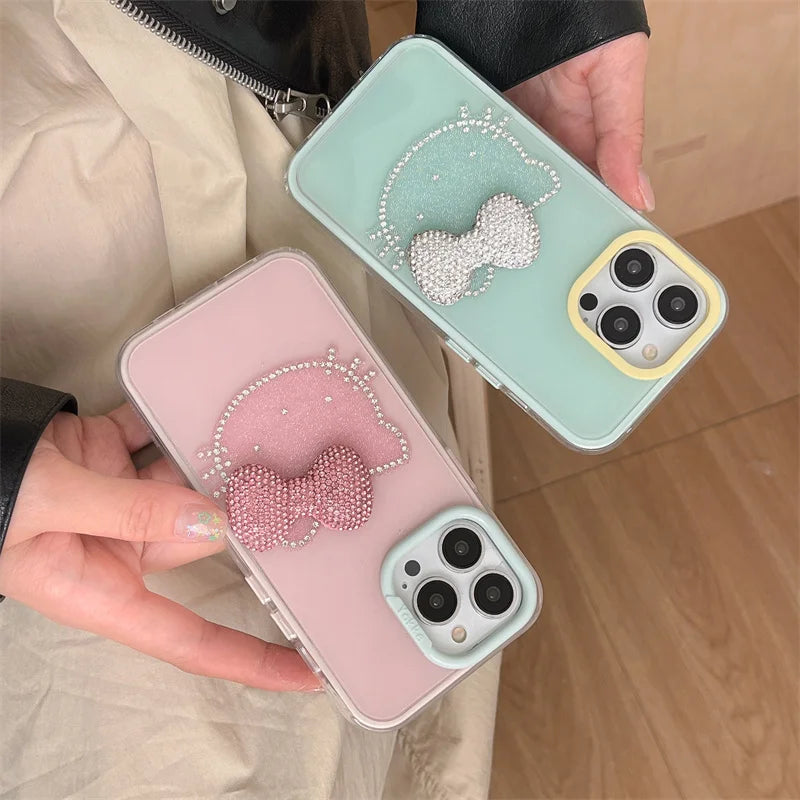 Luxury Rhinestone Bow Jelly Solid Color Glitter Hello Kitty Phone Case For iPhone