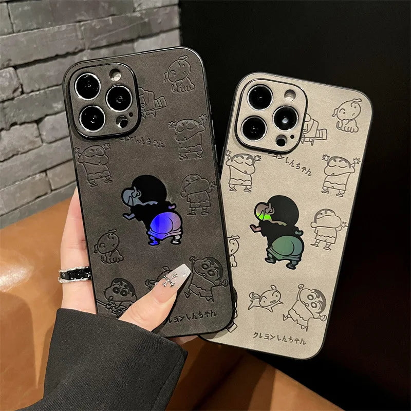 Cartoon Crayon Shin-chan Leather Texture Laser Phone Case For iPhone