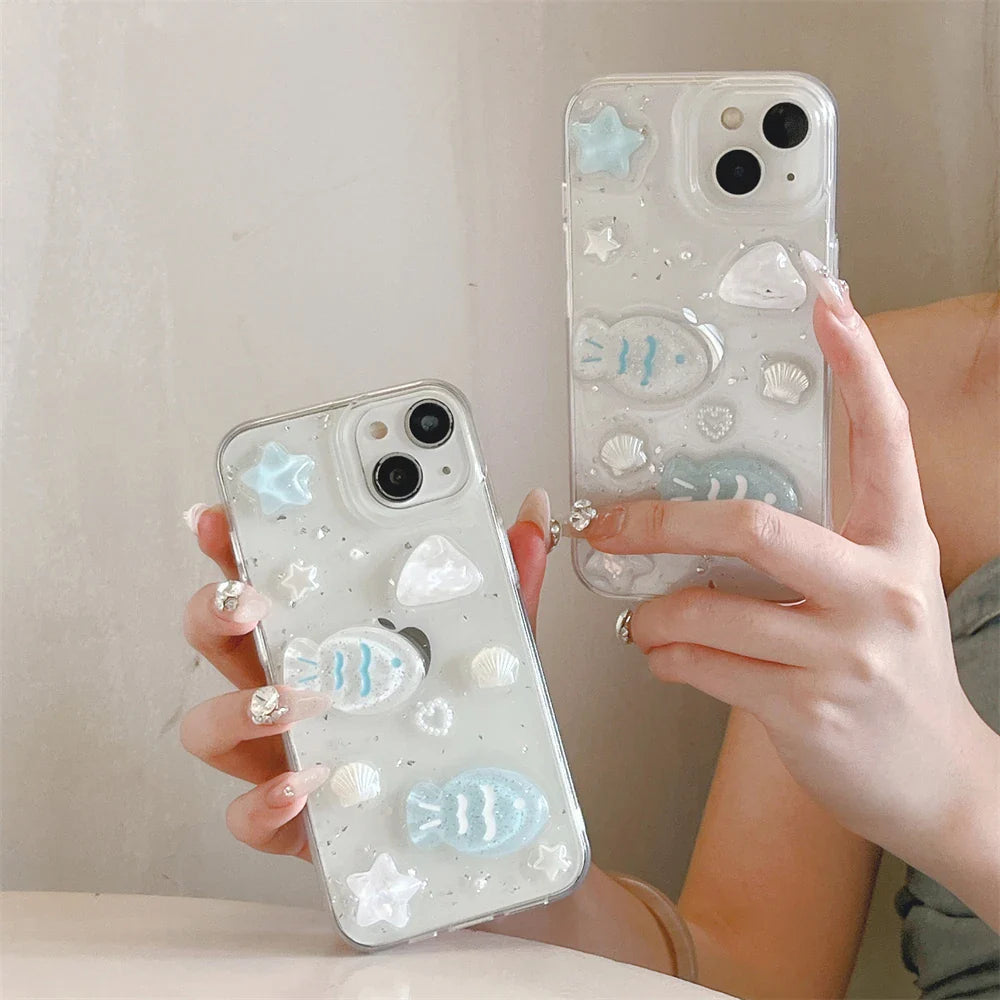 Glitter 3D Fish Crystal Silver Foil Epoxy Phone Case