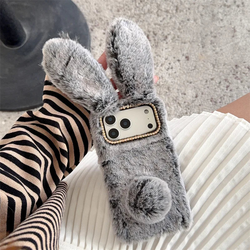 3D Cute Rabbit Ears Warm Furry Plush Bunny Phone Case For iPhone