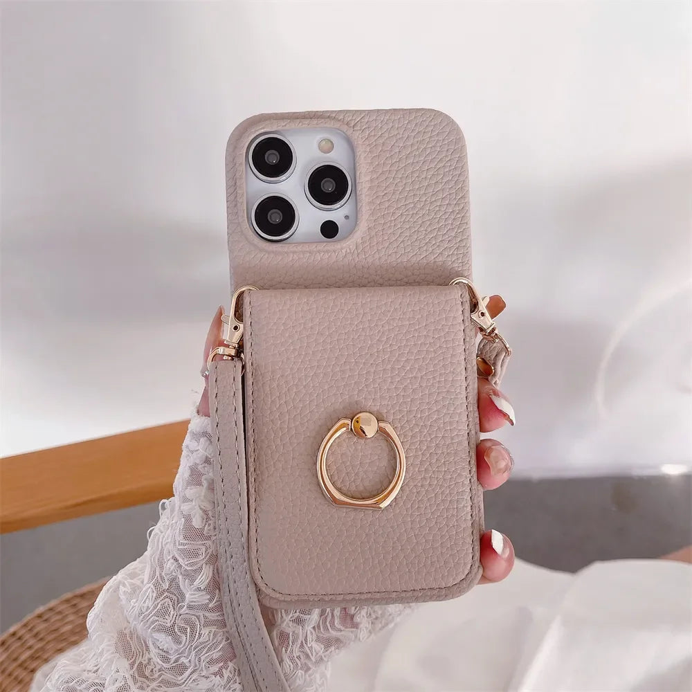 Makeup Mirror Flip Card Pocket Leather Case For iPhone