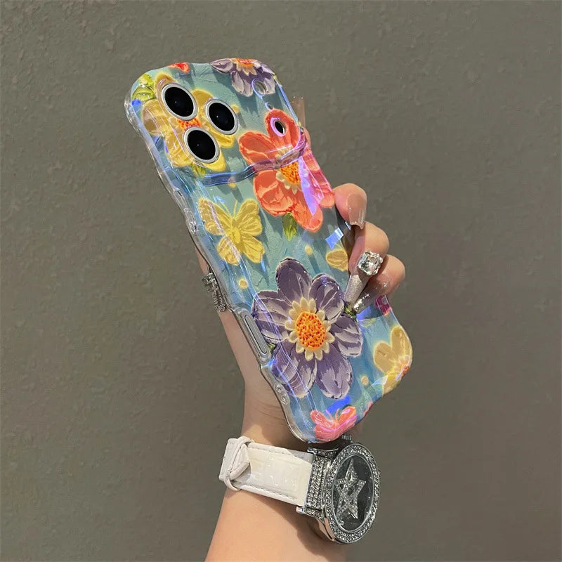 Luxury Blue Light Oil Painting Flowers Wavy Phone Case For iPhone