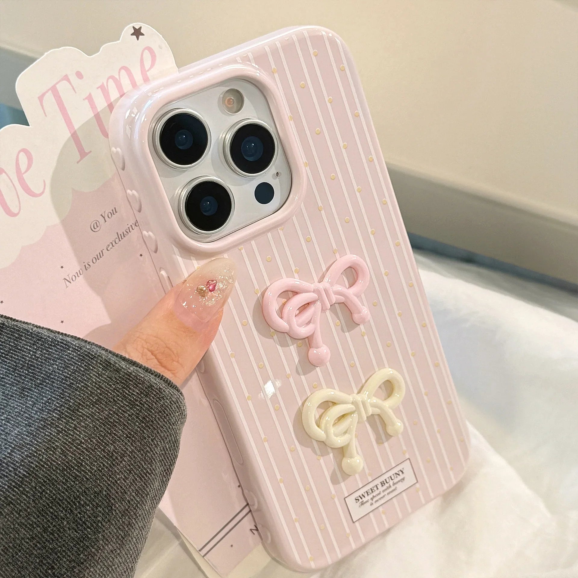Korean Cute 3D Bowknot Pink Striped Wave Point Soft Phone Case For iPhone
