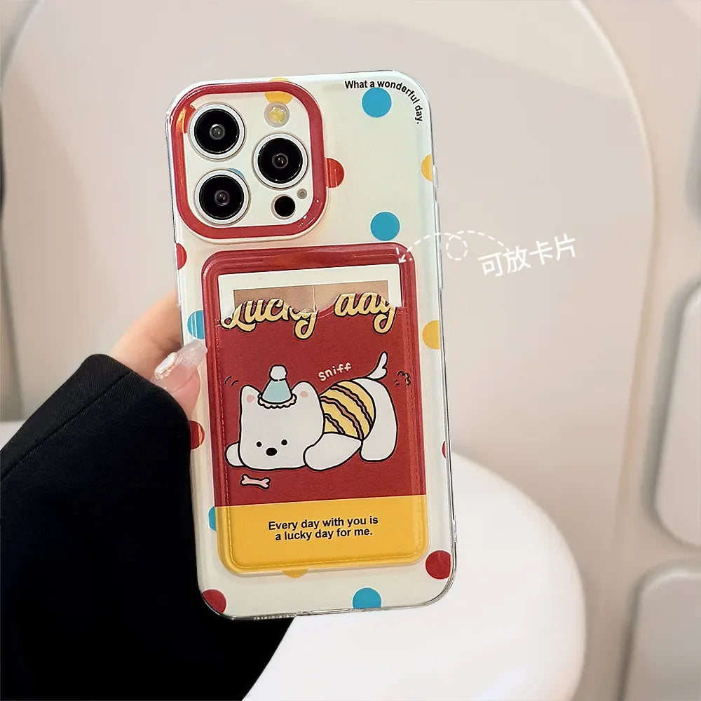 Cute Cartoon Puppy Bracket Card Holder Phone Case With Lanyard For iPhone