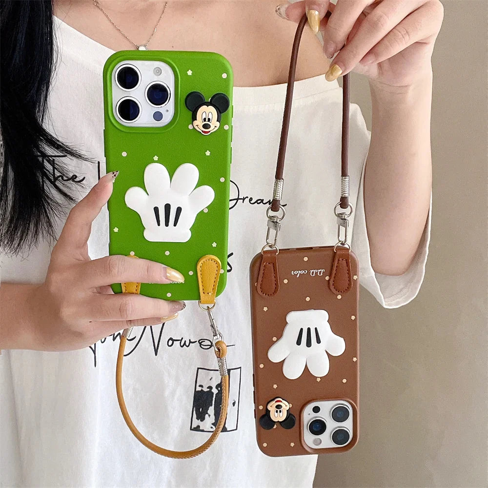 Luxury Wristband Lanyard Mickey Leather Phone Case For iPhone