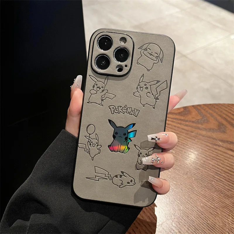 Cute Cartoon Anime Pikachu Leather Texture Laser Phone Case For iPhone