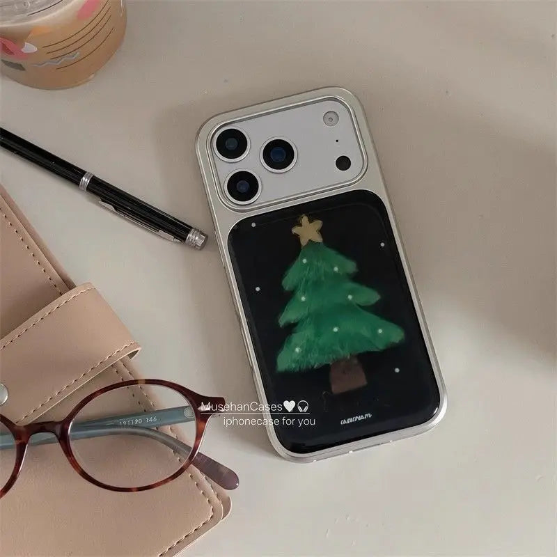 Korean Ins Christmas Tree Simple Silver Frame Phone Case For iPhone