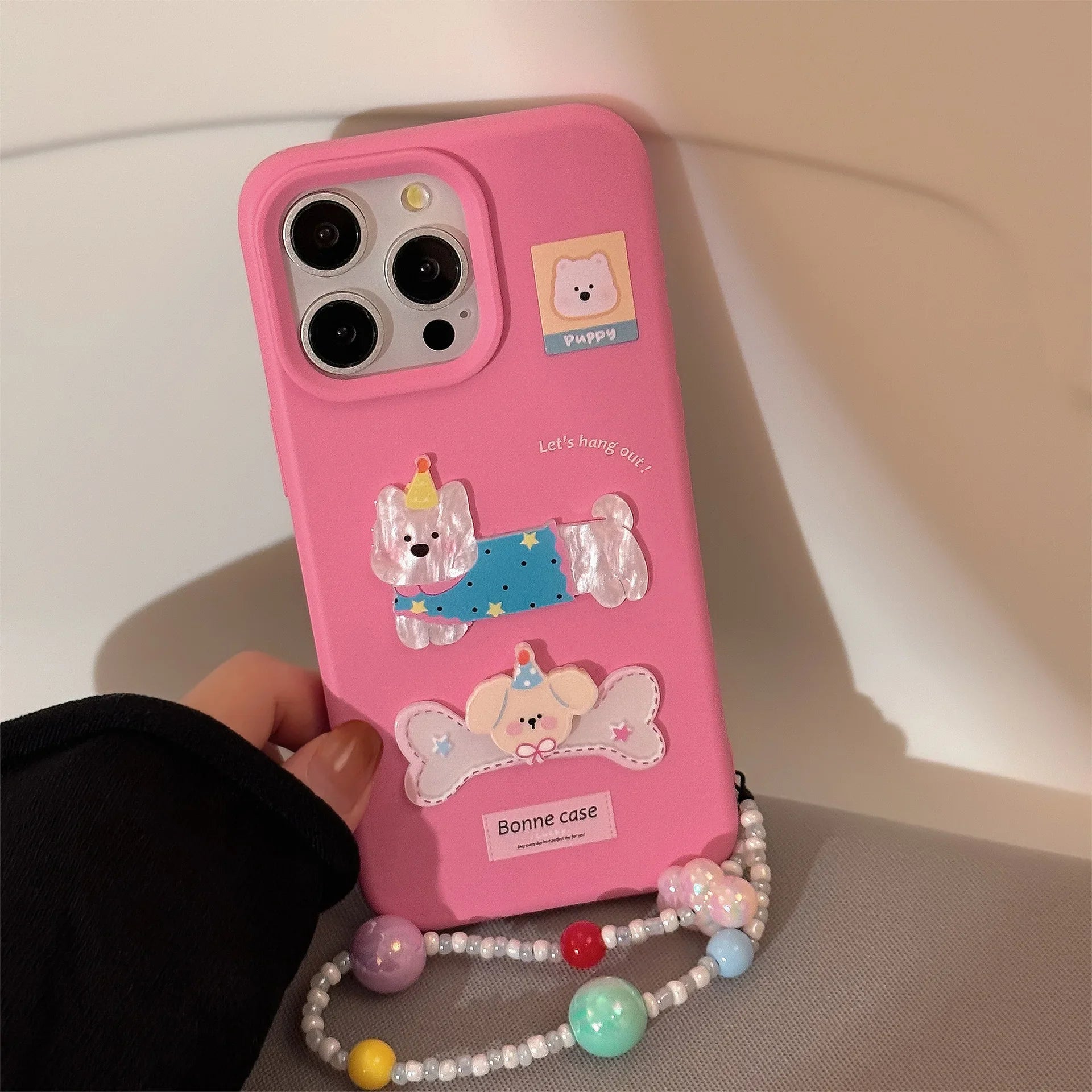 Korean Cute Dog Sticker Pink Bracelet Pendant Phone Case For iPhone