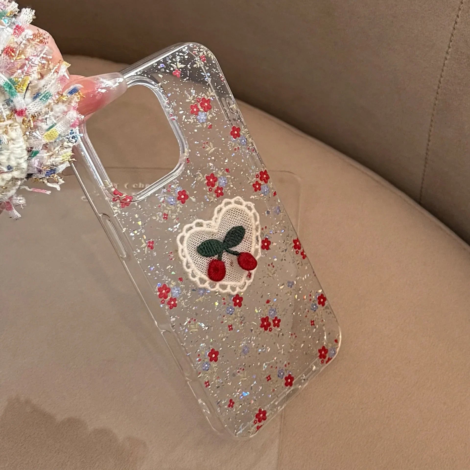 3D Glitter Flowers Lace Cherry Embroidery Phone Case For iPhone