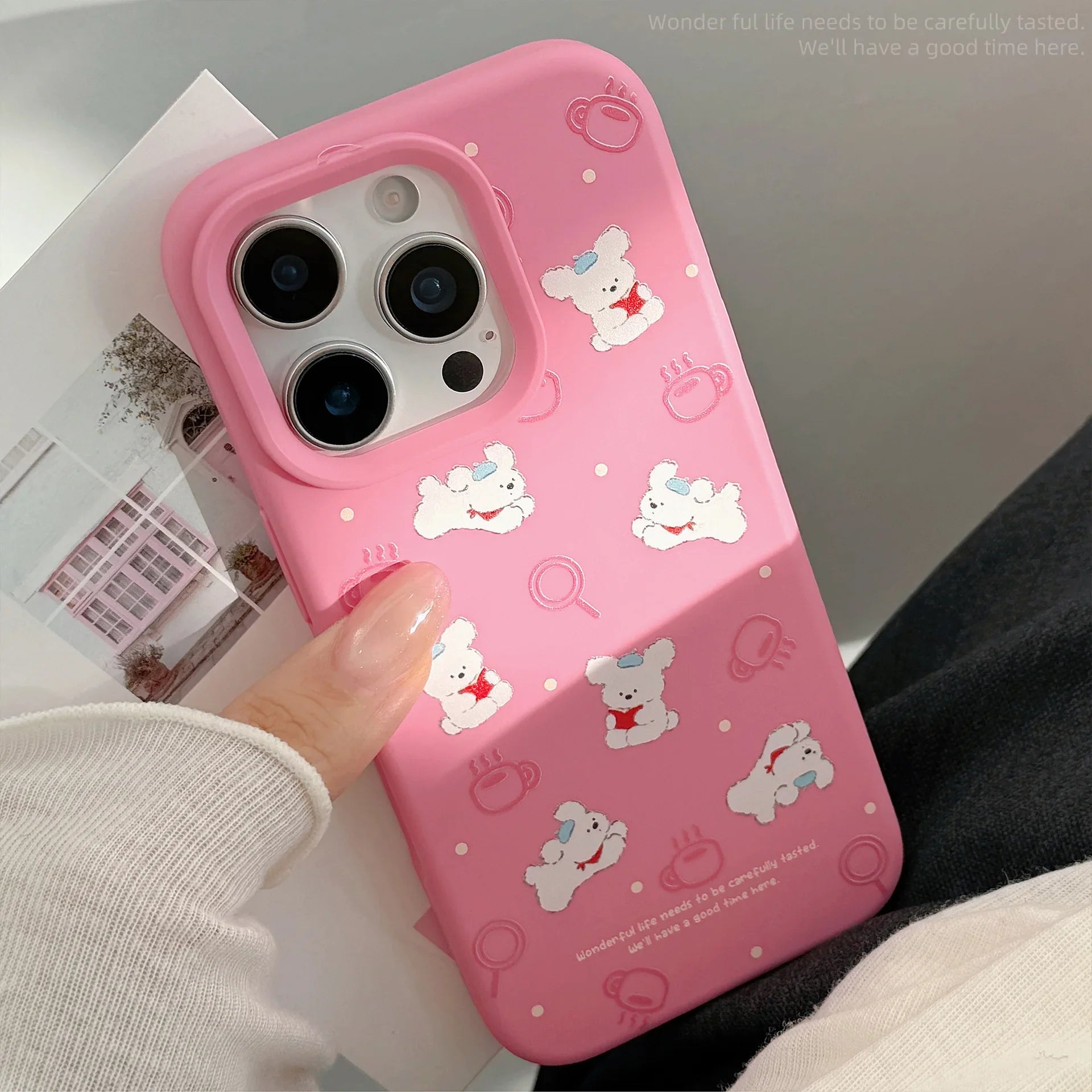 Korean Cute Cartoon Reading Puppy Pink Silicone Soft Phone Case For iPhone