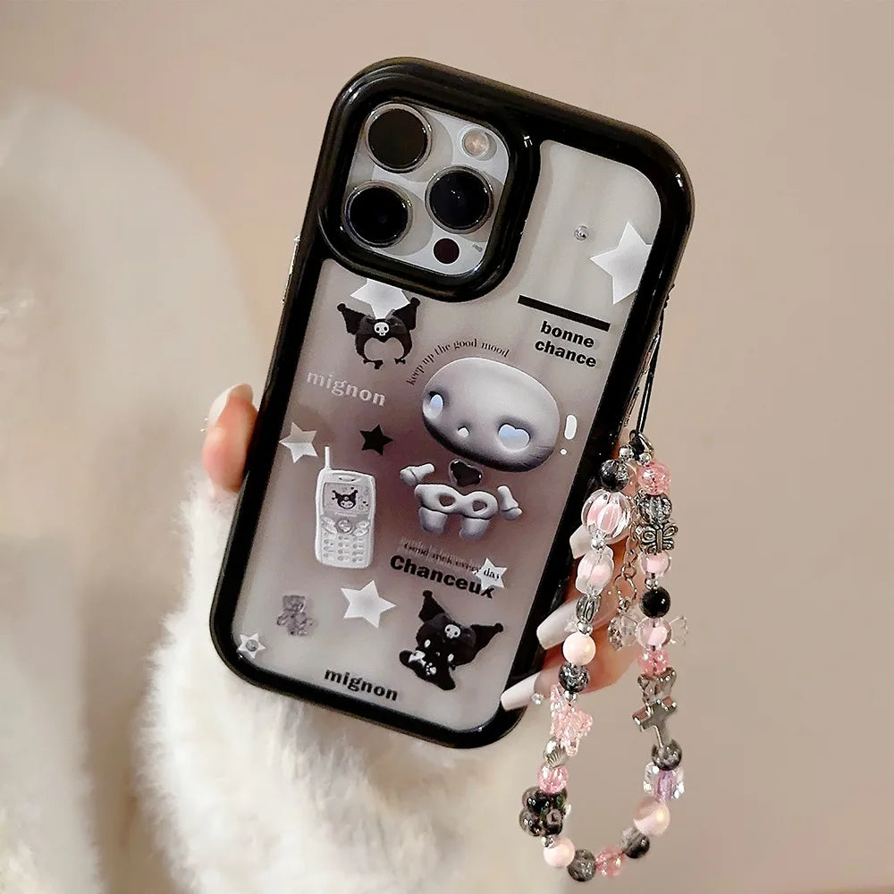 Cute Cartoon Kuromi Quicksand Bracket Phone Case With Lanyard For iPhone