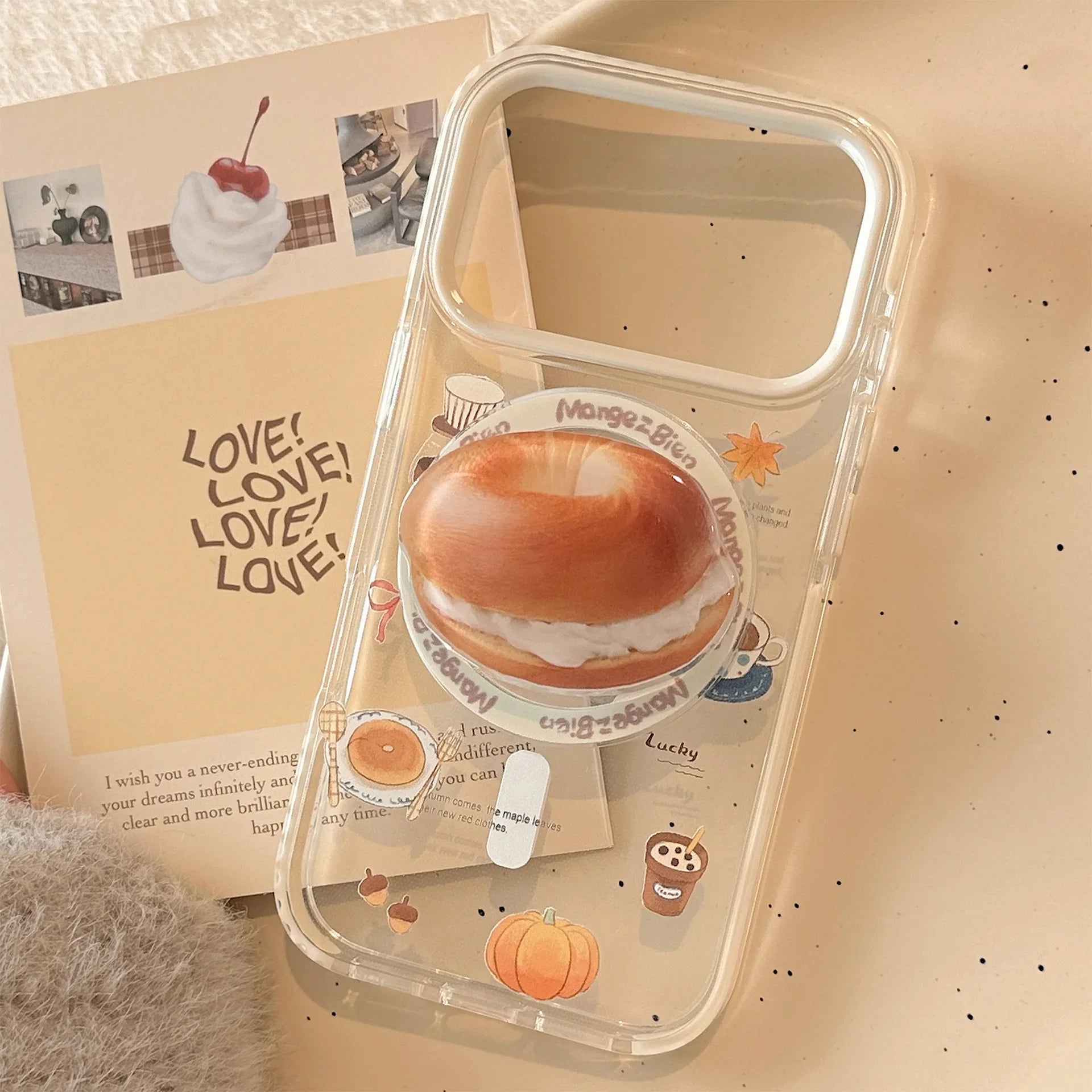 Korean Cartoon Cream Bagel Magnetic Bracket Phone Case For iPhone