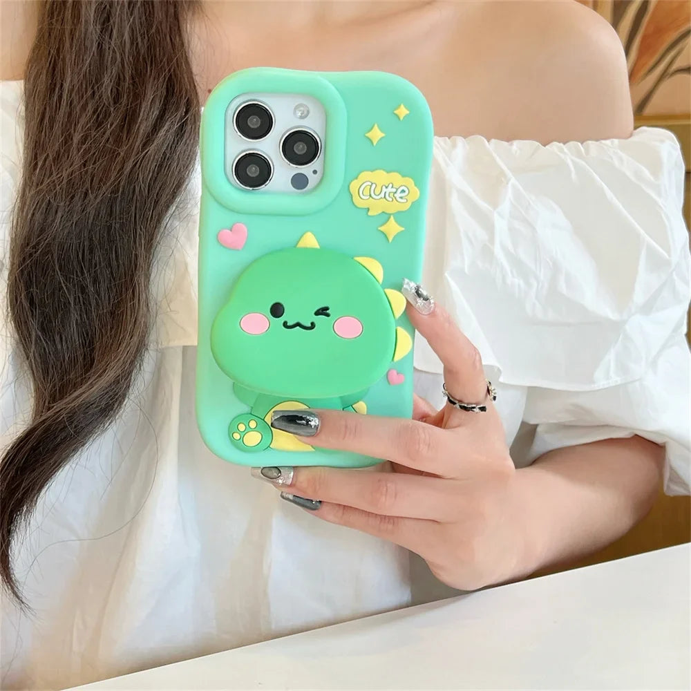 Cute Dinosaur Case Soft Silicone Cover With Holder&Mirror For iPhone