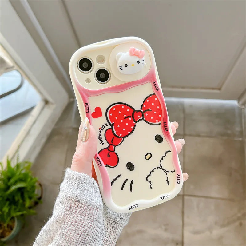 Ins Cute Cartoon 3D Ears Hello Kitty Wavy Sliding Camera Bracket Phone Case For iPhone