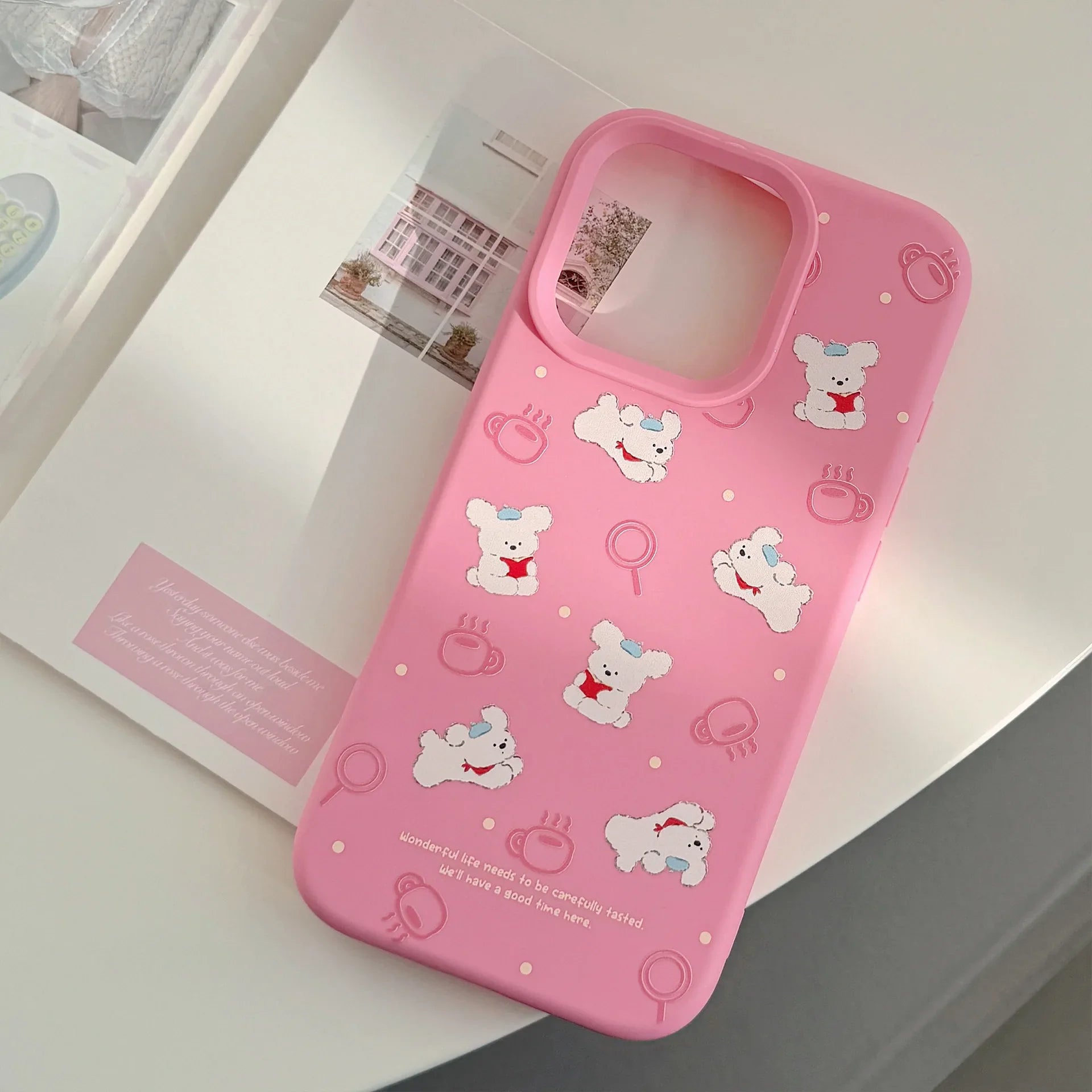 Korean Cute Cartoon Reading Puppy Pink Silicone Soft Phone Case For iPhone