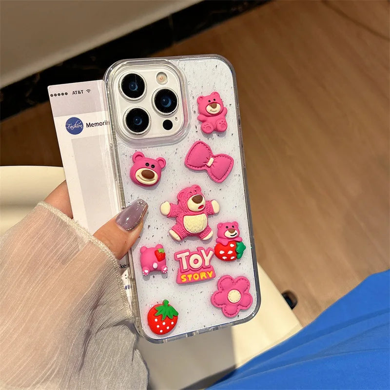 3D Cartoon Strawberry Bear Drop Glue Glitter Phone Case For iPhone
