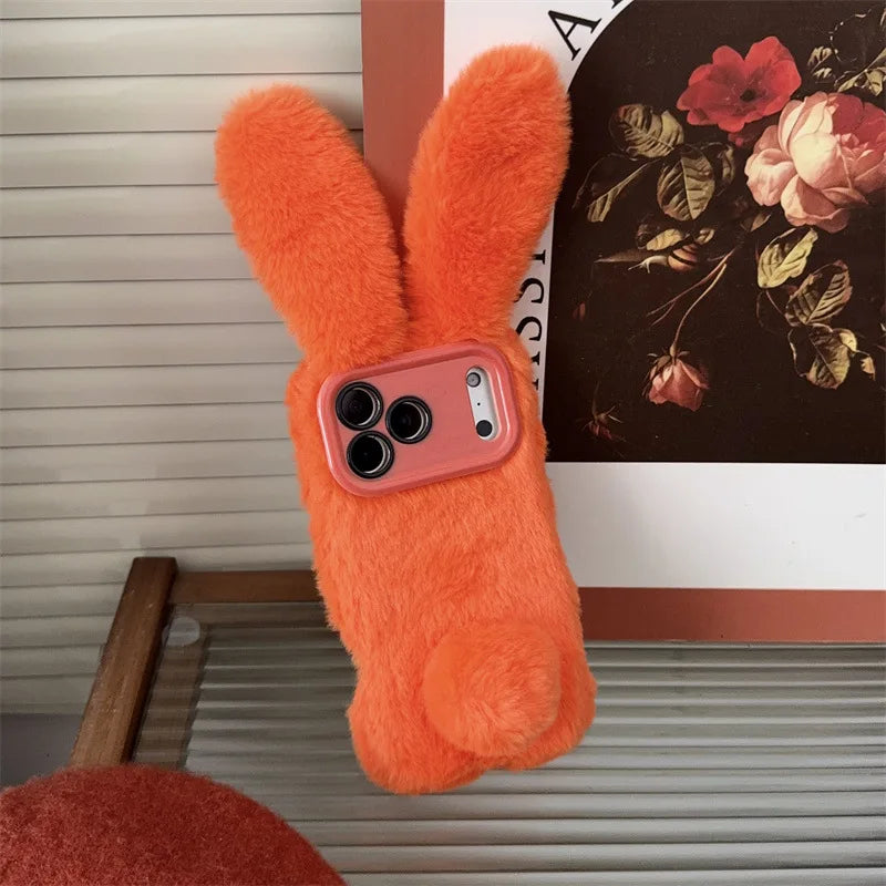 3D Cute Cartoon Rabbit Ears Furry Plush Phone Case For iPhone