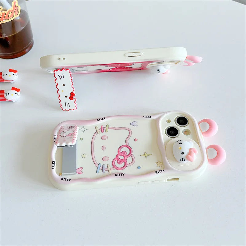 Ins Cute Cartoon 3D Ears Hello Kitty Wavy Sliding Camera Bracket Phone Case For iPhone