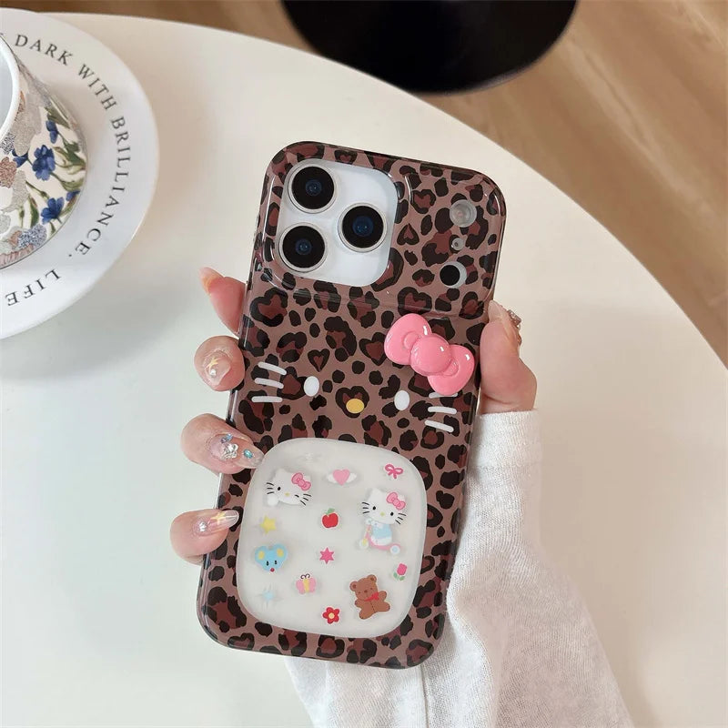 Fashion Leopard Print Cute Hollow Hellokitty Phone Case For iPhone