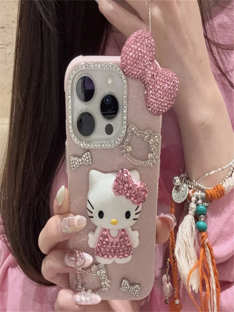 Premium Cute Hello Kittys Full Rhinestones Bow Tie Phone Case For iPhone