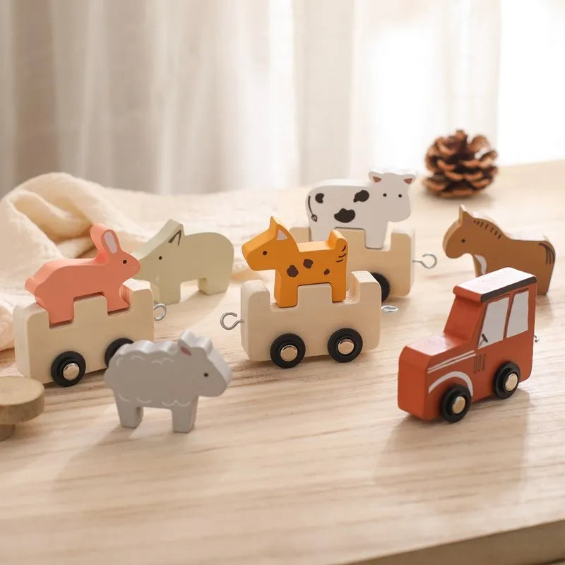 Wooden Train Building Blocks – Farm Animal Stacking Toy for Kids