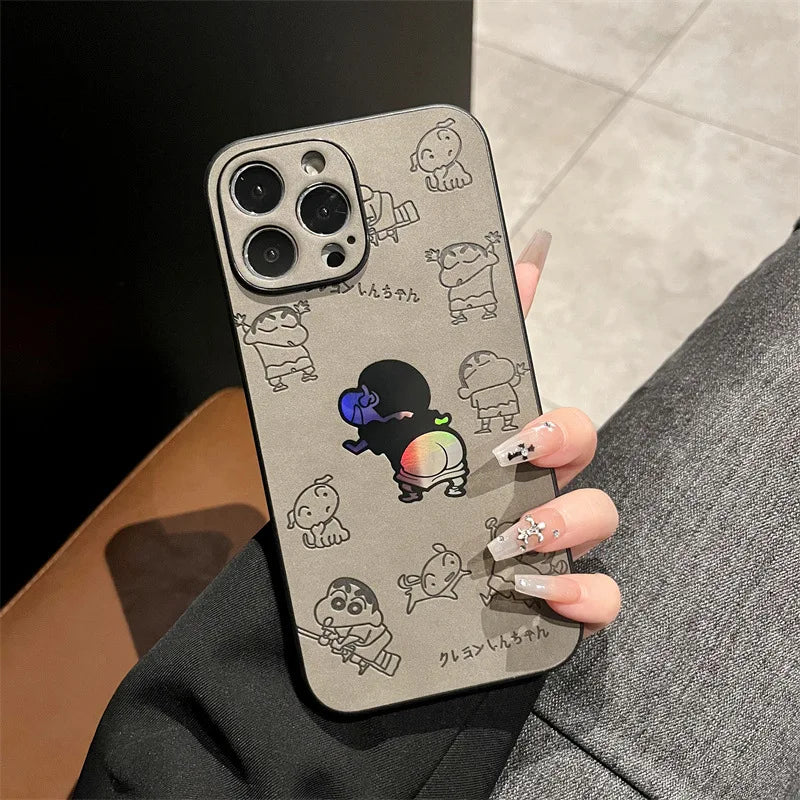 Cartoon Crayon Shin-chan Leather Texture Laser Phone Case For iPhone