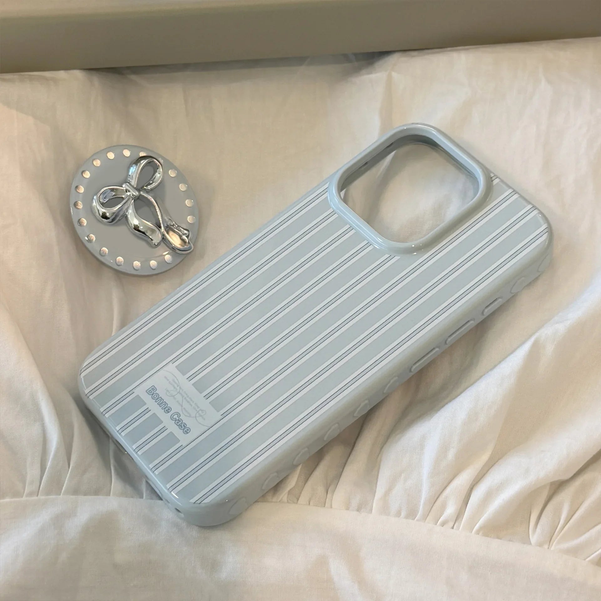 Korean Cute Blue Striped 3D Sliver Bowknot Bracket Soft Phone Case For iPhone