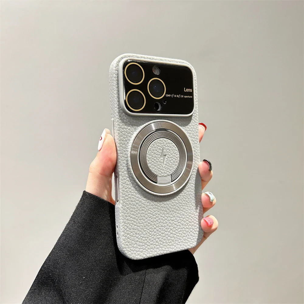 Large Window Litchi Texture For Magsafe Magnetic Case For iPhone