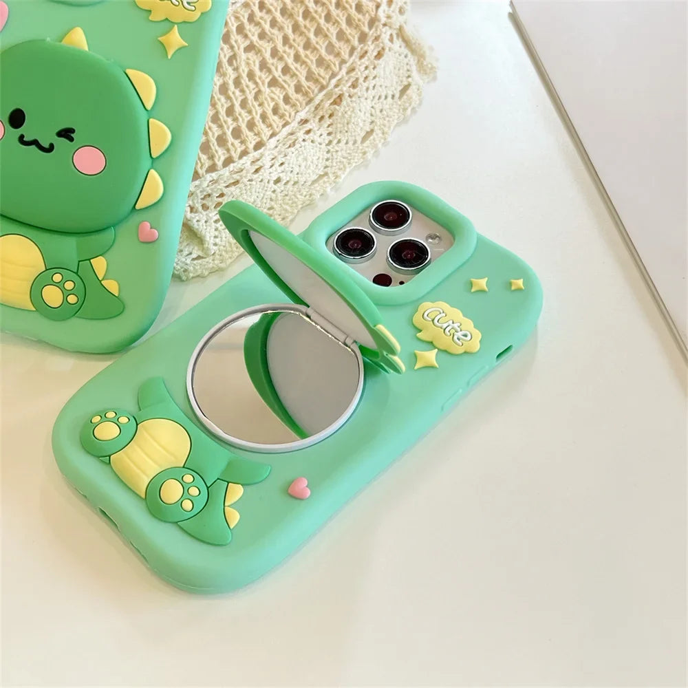 Cute Dinosaur Case Soft Silicone Cover With Holder&Mirror For iPhone