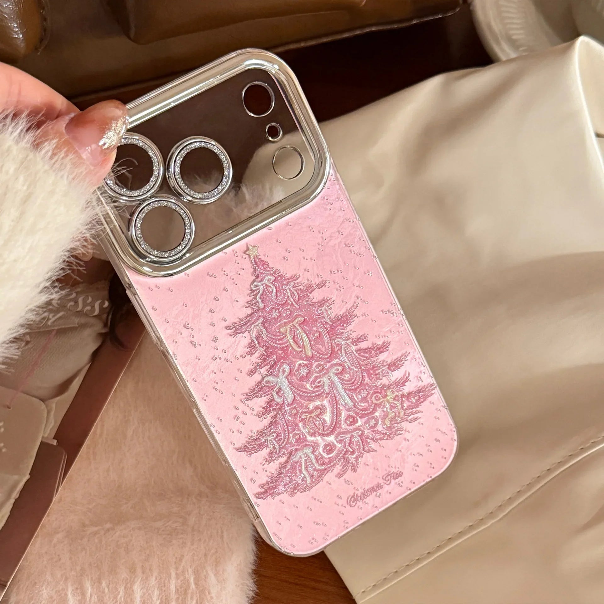Pink Christmas Tree Glitter With Chain Phone Case For iPhone