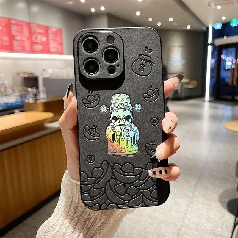 Luxury God of Wealth Laser Leather Texture Phone Case For iPhone