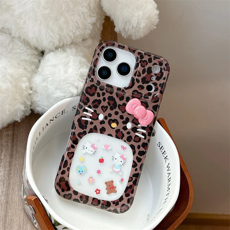 Fashion Leopard Print Cute Hollow Hellokitty Phone Case For iPhone