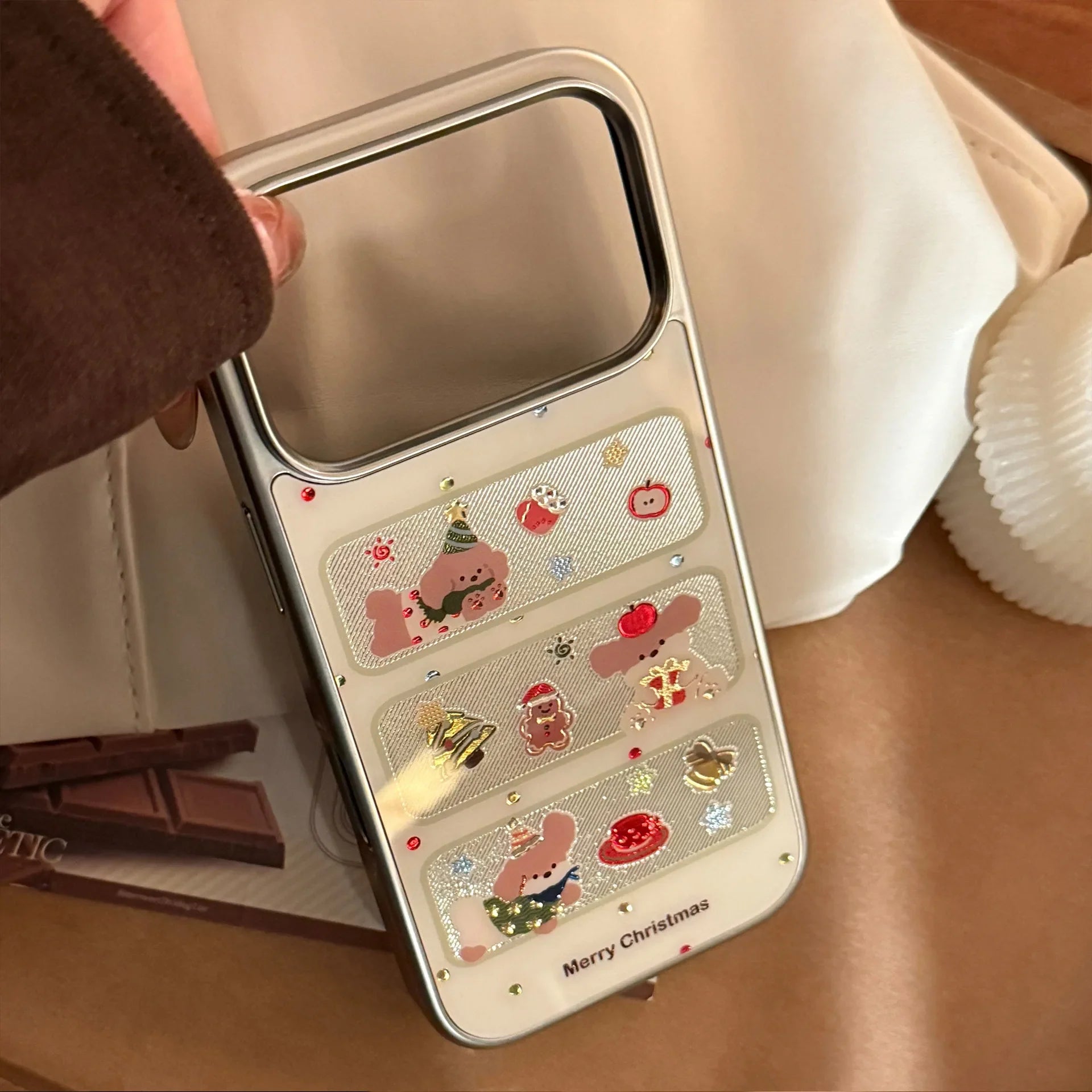 Korean Christmas Style Cartoon Puppy Silver Edge Plating Phone Case For iPhone