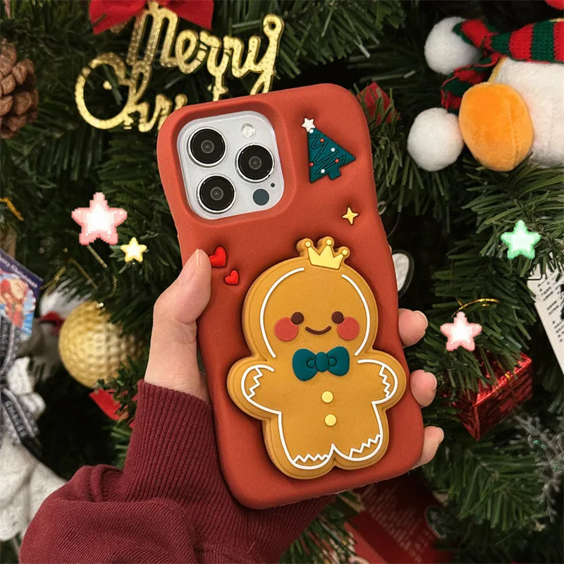 Cute Cartoon Christmas Gingerbread Silicone Telescopic Bracket Phone Case For iPhone