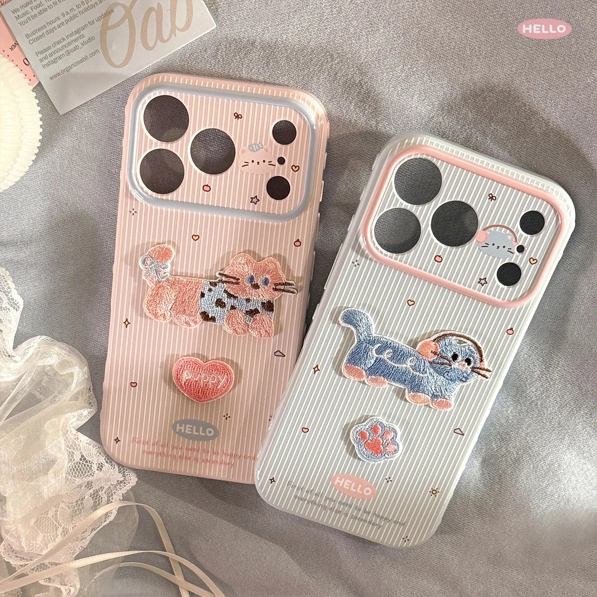 Korean Cartoon Embroidery Kitten Striped Couple Phone Case For iPhone