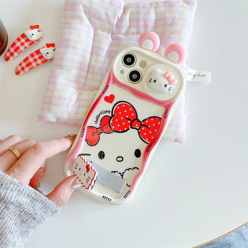 Ins Cute Cartoon 3D Ears Hello Kitty Wavy Sliding Camera Bracket Phone Case For iPhone