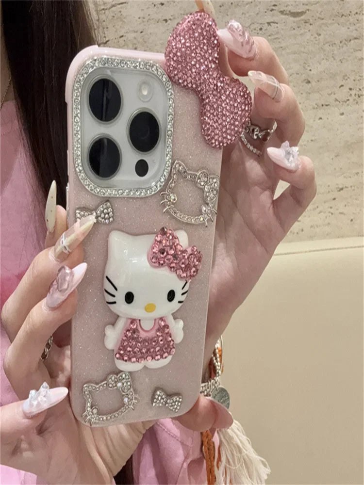 Premium Cute Hello Kittys Full Rhinestones Bow Tie Phone Case For iPhone