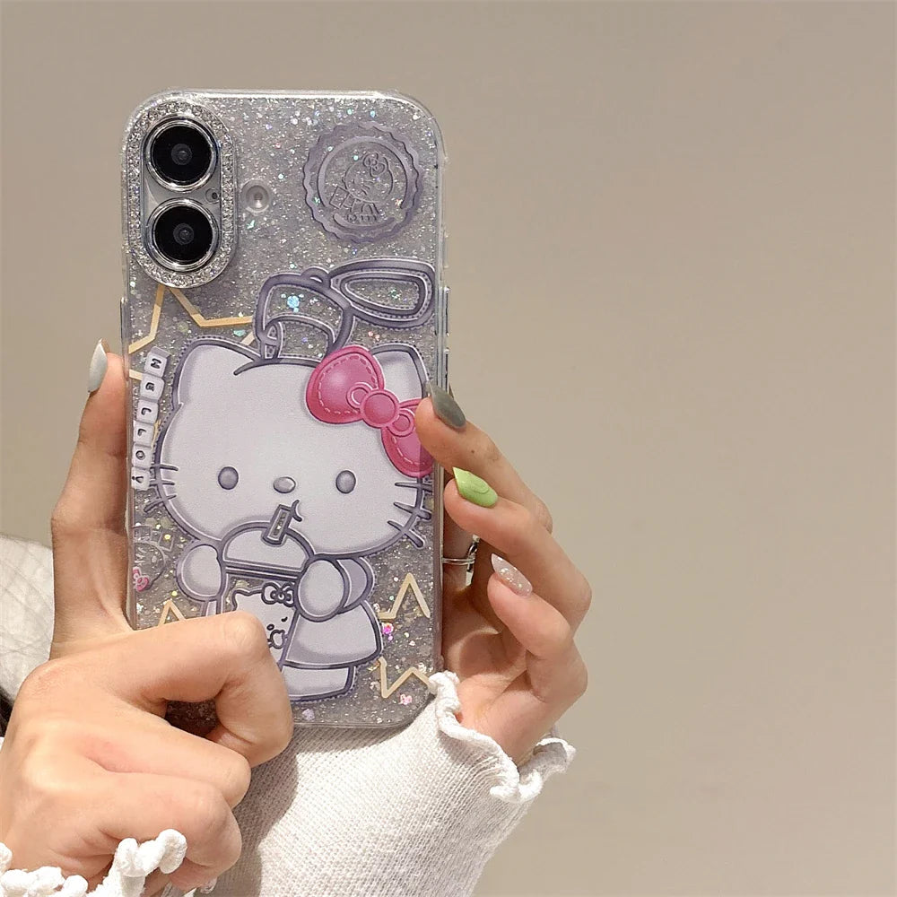 Fashion Glitter Silver Hello Kitty Tea Drinking Pattern Phone Case