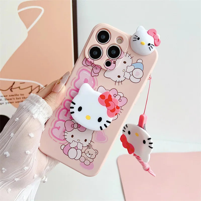 3D Cute Cartoon Hello Kitty Phone Case With Bracket Lanyard For iPhone