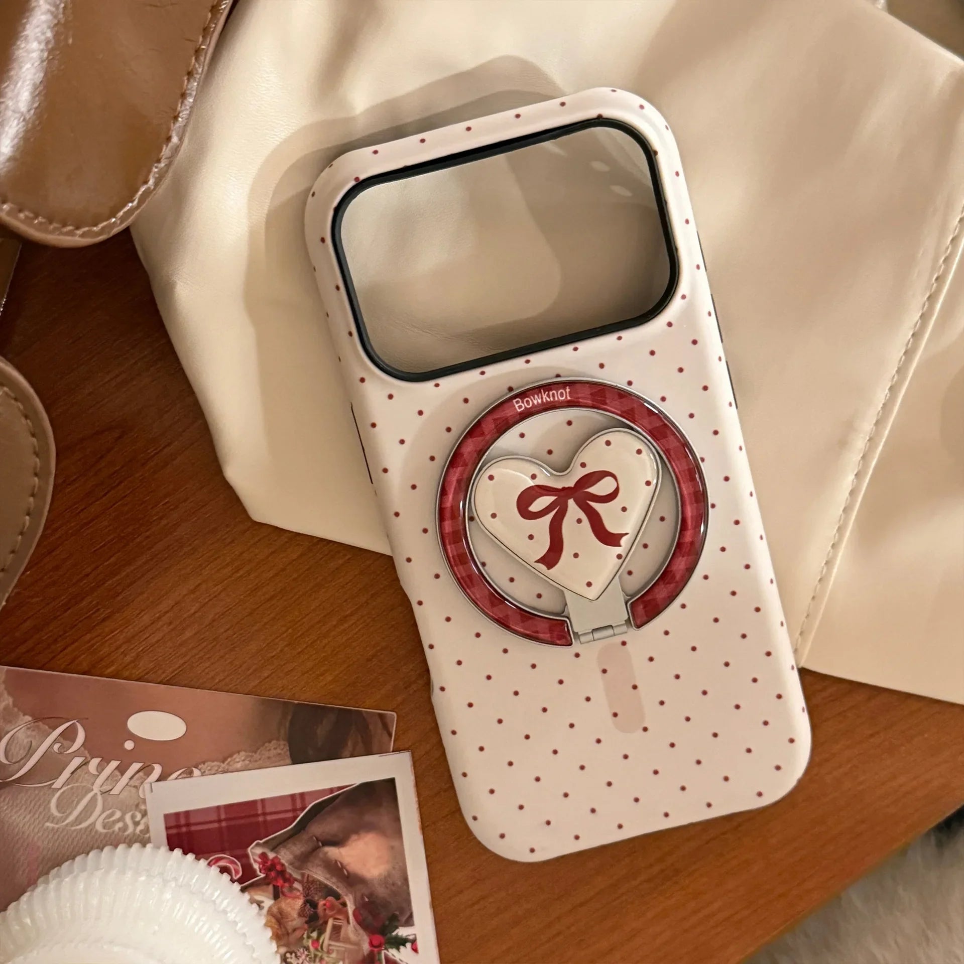 Korean Full Screen Polka Dot Fold Love Heart Magnetic Holder Phone Case For iPhone