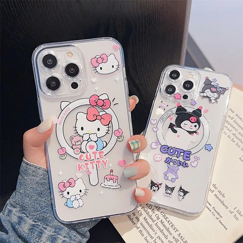 Korean Cartoon Hello Kitty Kuromi Bracket Magnetic Phone Case For iPhone