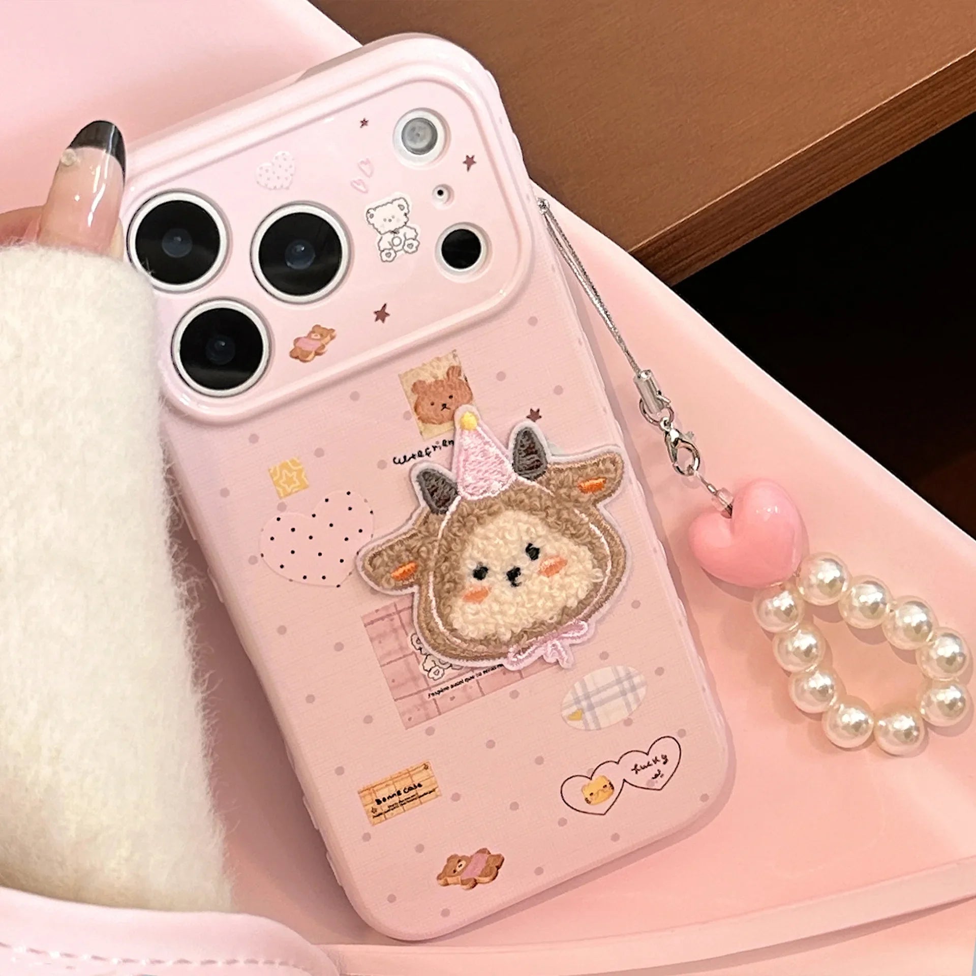 Korean Cartoon Embroidery Plush Sheep Sticker Phone Case With Chain For iPhone