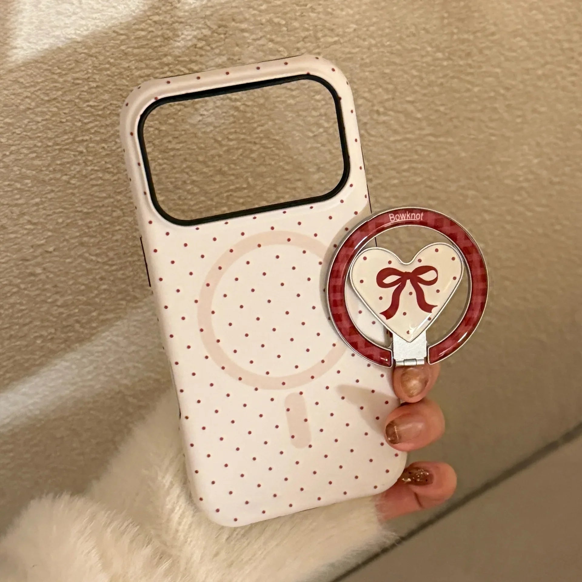 Korean Full Screen Polka Dot Fold Love Heart Magnetic Holder Phone Case For iPhone