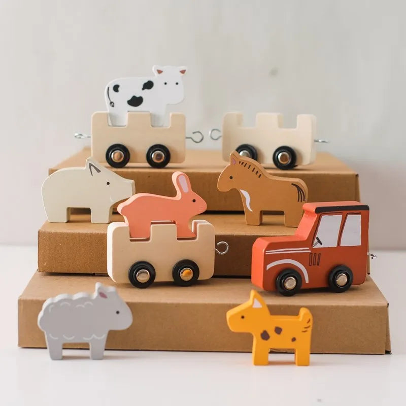 Wooden Train Building Blocks – Farm Animal Stacking Toy for Kids