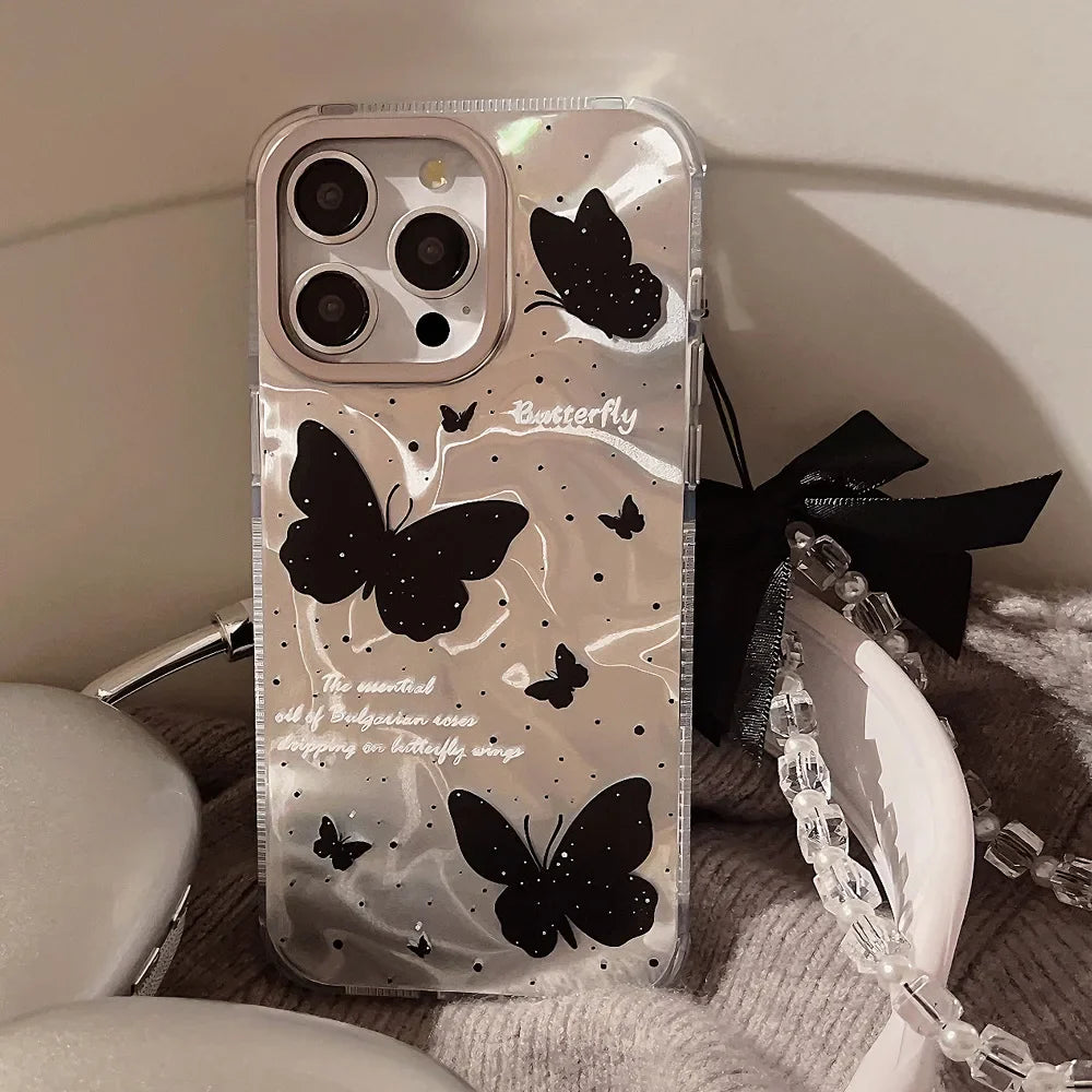 Luxury Black Butterfly Water Ripple Phone Case With Lanyard For iPhone