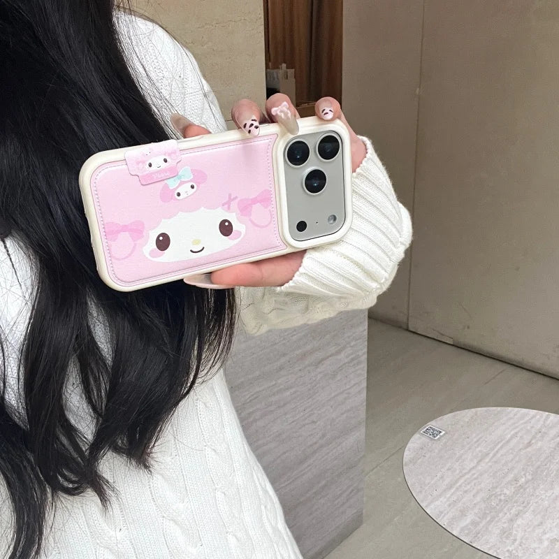 Y2k Cartoon Cute Pink Shy Bow Lamb Leather Phone Case For iPhone
